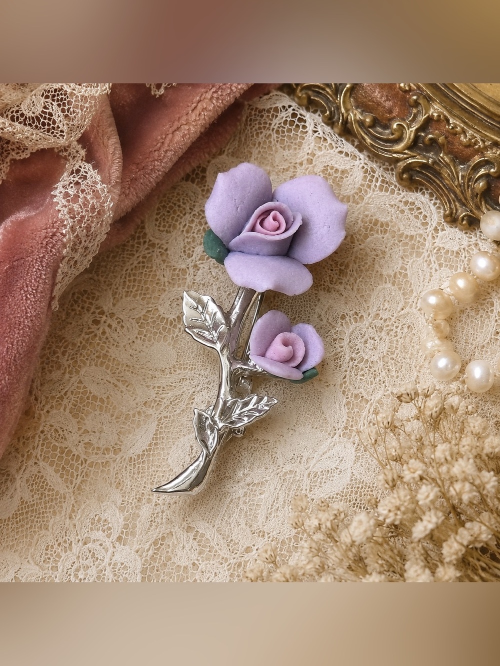 Vtg Lavender Porcelain Rose Brooch Silver Tone Floral Pin Romantic Pink